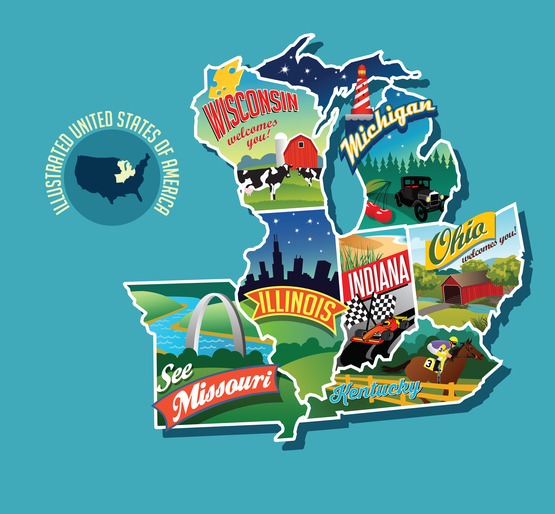 Illustrated map of the United States highlighting Wisconsin, Michigan, Illinois, Indiana, Ohio, Missouri, and Kentucky with state icons