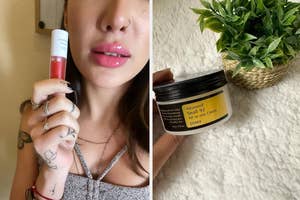 Woman showing lip gloss next to a photo of a hand holding snail cream jar beside a potted plant