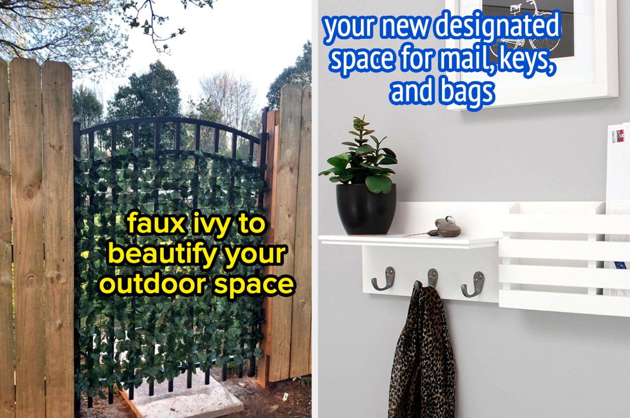A split image with a leafy garden gate on the left and an interior wall with shelves and hooks on the right