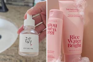 Hand holding Korean skincare product next to Rice Water Bright cleanser