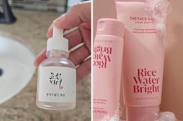 Hand holding Korean skincare product next to Rice Water Bright cleanser