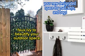 A split image with a leafy garden gate on the left and an interior wall with shelves and hooks on the right