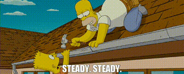 Scene from &quot;The Simpsons&quot; where Homer is on a roof holding Bart upside down while hammering a nail