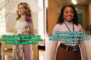Split image of Carrie Bradshaw in fancy attire and a teacher in work clothes with text on unrealistic job portrayals in TV shows