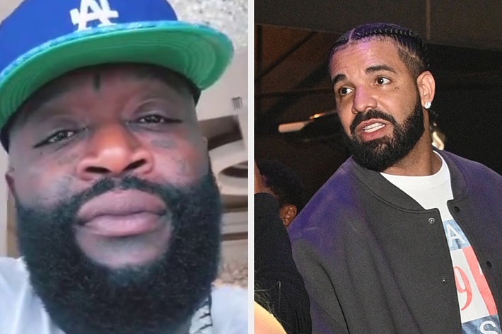 Rick Ross in a hat and beard, Drake in a jacket, both looking at the camera
