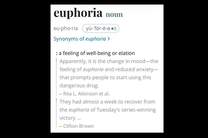 Dictionary definition of the word "euphoria," including pronunciation, synonyms, and example usage in sentences