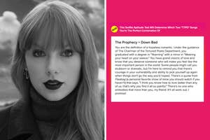 Black and white photo of Taylor Swift, side profile, with a text-based personality quiz overlay