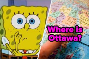 SpongeBob looks confused on the left; on the right, a map with the question "Where is Ottawa?"
