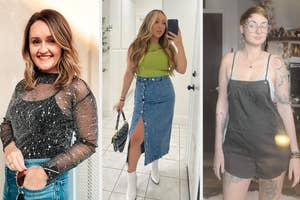 Three women showcasing different outfits: sheer top with jeans, tank with denim skirt, and a dungaree shorts ensemble for shopping inspiration