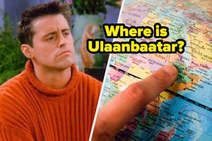 Split image with man in orange sweater looking confused, and a finger pointing at a map location labeled "Ulaanbaatar"