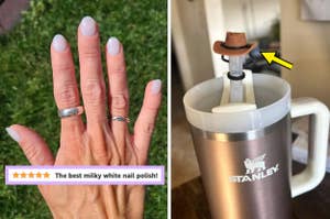 A hand showcasing a milky nail concealer; a gray travel mug with a bottle stopper lid, featuring a cowboy hat design