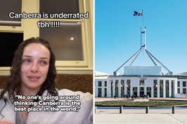Person smiling with text "Canberra is underrated tbh !!!" and a building with Australian flag above