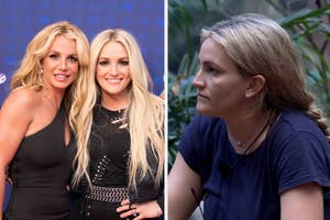 Two side-by-side images; left shows Britney Spears and Jamie Lynn Spears smiling, dressed in stylish attire, and right is a candid shot of a woman outdoors