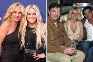 Britney Spears poses next to Jamie Lynn Spears on the left and with parents on the right. They're at a casual event