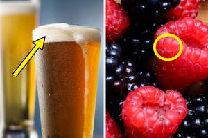 Split image with a beer glass on left and close-up of mixed berries on right; arrow points to beer foam, circle highlights one berry