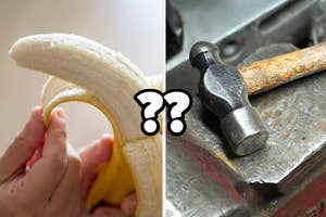 A split image: Left side shows a hand peeling a banana, right side a hammer on an anvil, both with question marks above