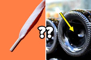 Split image: Left side shows a close-up of a cotton swab; right side displays bottles with a yellow arrow pointing at one