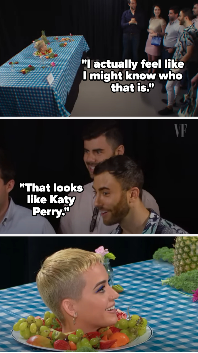 Three-panel image of a celebrity virtual reality experience, with guests and a person resembling Katy Perry