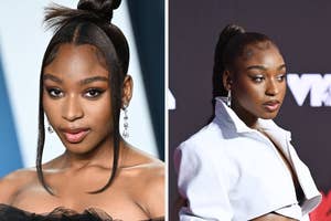 Two side-by-side photos of Normani in different outfits; first in a sheer black top with updo hairstyle, second in a white jacket with natural makeup