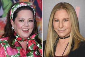 Side-by-side photos of Melissa McCarthy in a floral dress and Barbra Streisand wearing a black outfit with a choker