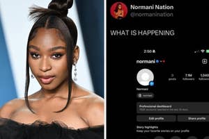Image 1: Normani in a black outfit with her hair in a high ponytail.
Image 2: Screenshot of Normani's Instagram profile with 0 posts and text "WHAT IS HAPPENING"