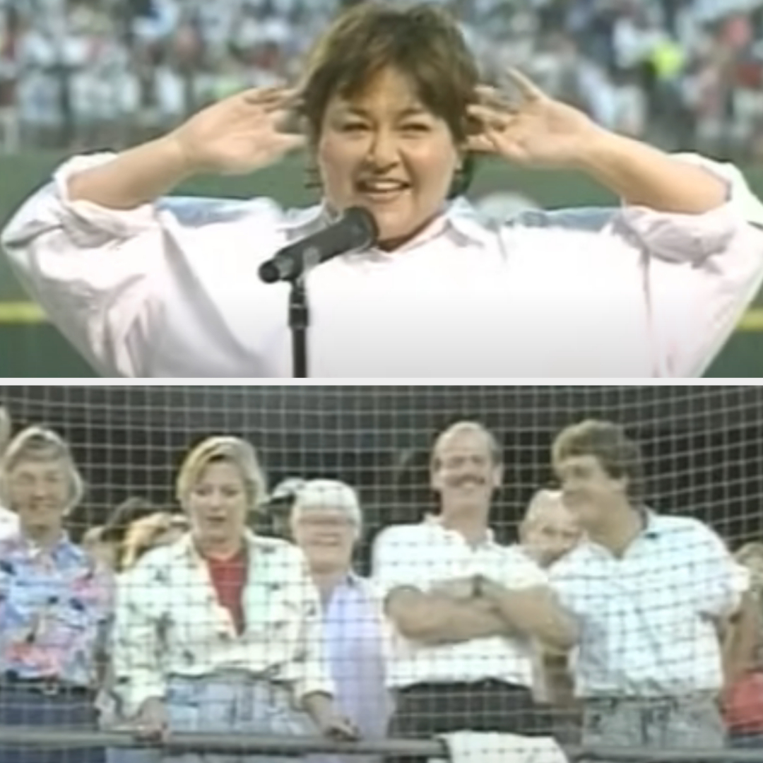 Roseanne Barr is seen performing with a raised finger to her lips, wearing a casual shirt. Below, spectators, including George H.W. Bush, react