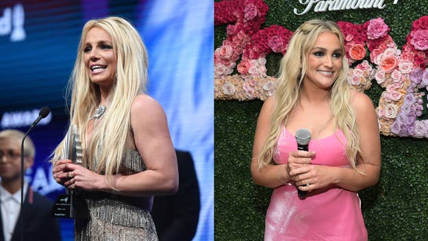 Britney Spears at events; left, speaking at a podium, right, posing by flower backdrop. She wears elegant attire