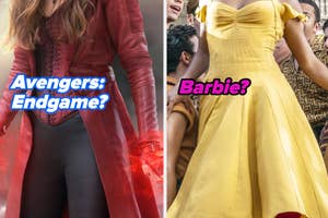 Two side-by-side movie character promotional images, one from "Avengers: Endgame", the other appears to reference "Barbie"