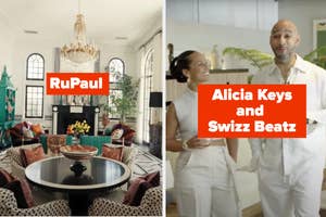 Split image: left side shows a luxurious room; right side has Alicia Keys and Swizz Beatz smiling in a bright interior