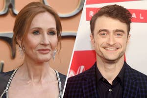 J.K. Rowling in a beaded dress and Daniel Radcliffe in a suit smiling at events