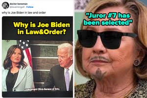 Memes with Joe Biden in a TV show scene and text "Why is Joe Biden in Law&Order?" and Hillary Clinton with "Juror #7 has been selected."