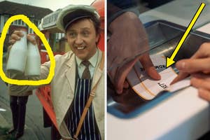 Two-part image: Left - Milkman from a TV show holding milk bottles. Right - Hand pointing at a ballot in a voting machine