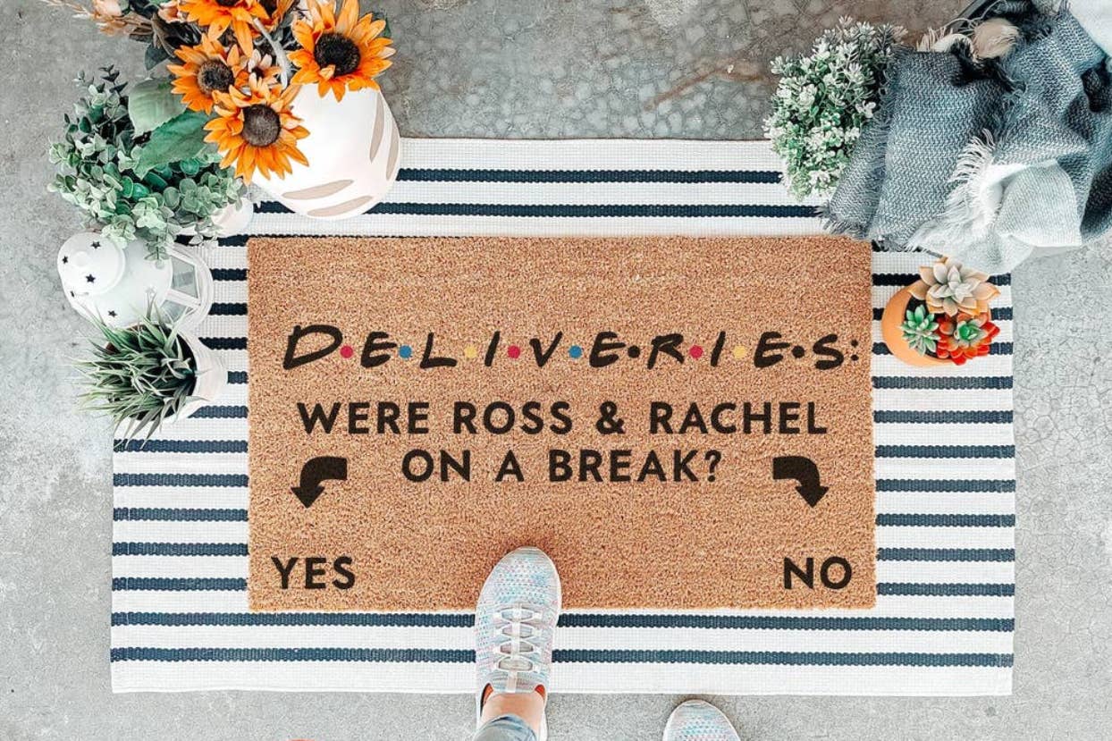 Welcome mat with "Were Ross & Rachel on a break?" poll for deliveries