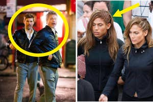 Split image of a movie scene with two actors, and a reality capture with three people walking, one highlighted