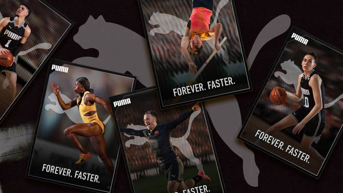 Collage of PUMA athletes in action with the slogan &quot;FOREVER. FASTER.&quot; across various sport-themed backgrounds