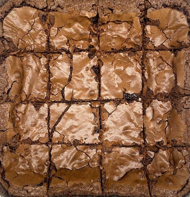 Freshly baked brownies in a pan, cut into squares, ready to serve