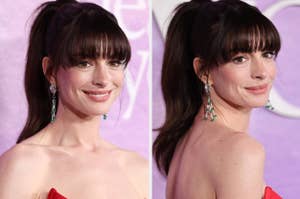 Side-by-side portraits of Anne Hathaway with updo hair, wearing large earrings and off-shoulder gown