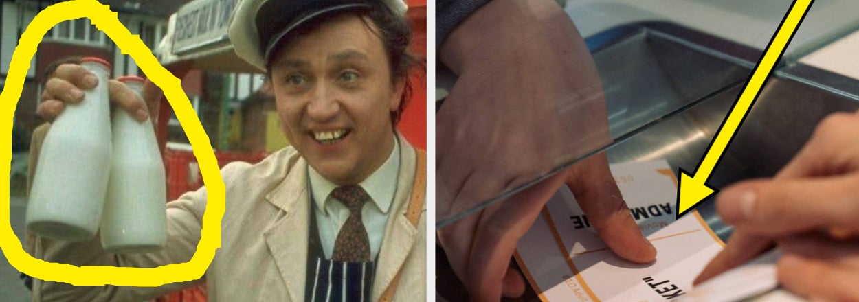 Two-part image: Left - Milkman from a TV show holding milk bottles. Right - Hand pointing at a ballot in a voting machine