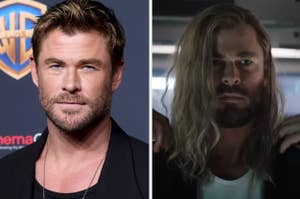Side-by-side photo of Chris Hemsworth and his character Thor