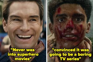 Split image of two characters, left smiling in civilian attire, right with face paint, both from an action series