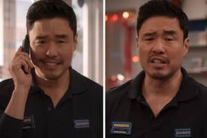 Two stills of actor Randall Park, wearing a Blockbuster uniform, speaking on the phone and expressing concern
