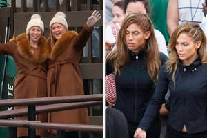 Two side-by-side photos: On the left, Chris Hemsworth eating a sandwich; on the right, Jennifer Lopez walking with a companion