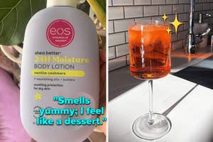 reviewer holding bottle of Eos lotion and reviewers wine glass