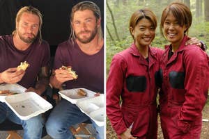 Two split images showing individuals in matching outfits, first casually eating, second smiling together