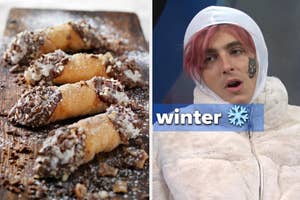 Left: Cannoli on a wooden board. Right: Person wearing a white hood, with pink hair and a face tattoo, next to the word "winter."