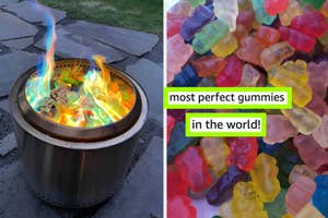 reviewers fire pit with colorful flames and a close-up of reviewers assorted gummy bears