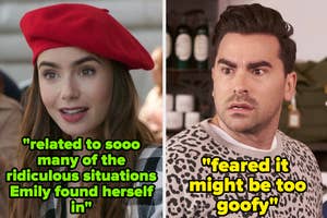 Split image of Emily in a red hat and a man in leopard print sweater, with quotes about their TV show characters