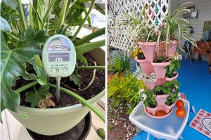left: soil moisture and pH meter in plant pot, right: pink stackable planter
