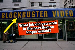 Exterior of a Blockbuster Video store with a question about obsolete jobs overlayed