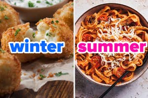 Left: Breaded cheese balls with garnish. Right: Pasta dish with toppings. Words "winter" and "summer" overlay respective images